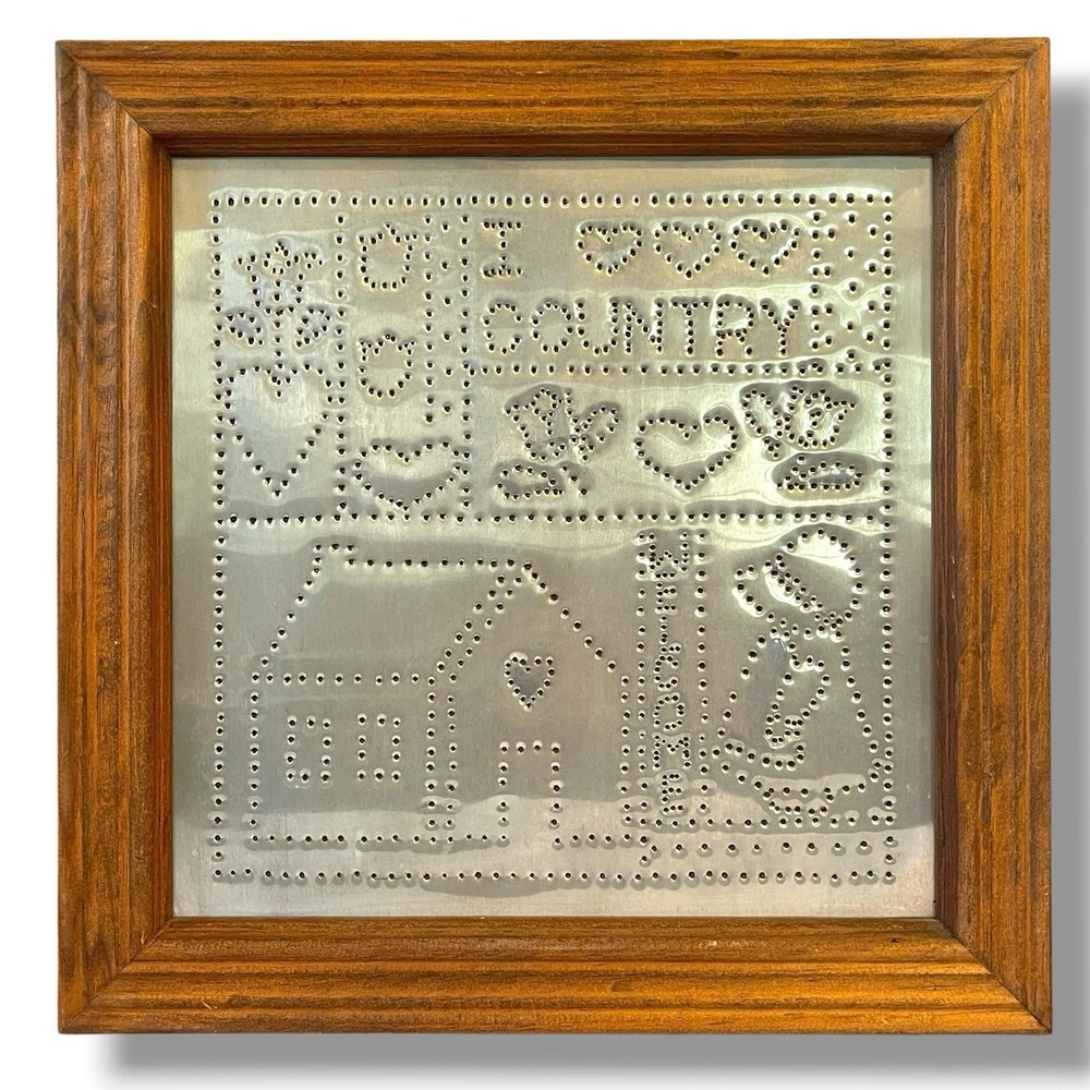 Vintage Cottagecore Farmhouse Country Hand Punched Tin Wall Art Framed "Welcome" - Picture 2 of 10